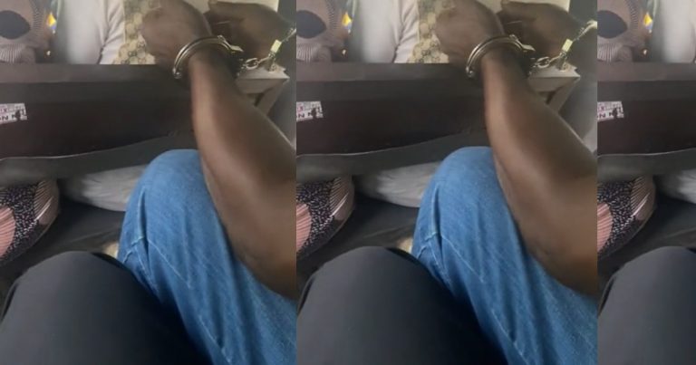 Nigerian lady astonished as she sights a pr!soner seated next to her in a bus in Lagos (VIDEO)