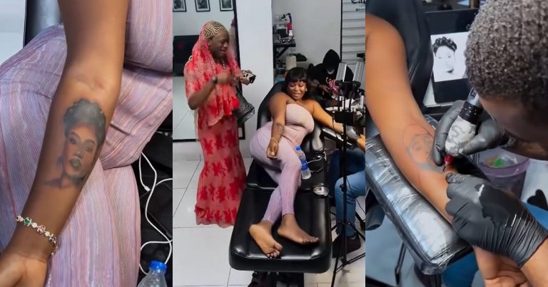 Nigerian lady tatt00s Davido and Chioma's faces on her hand to celebrate the success of their wedding (VIDEO)