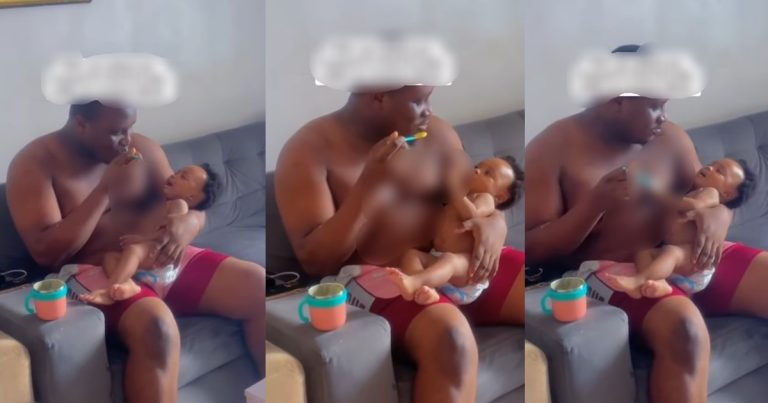 "The pikin sef shock" – Reactions As Nigerian Father Consumes His Baby's Meal While Feeding The Toddler (WATCH)