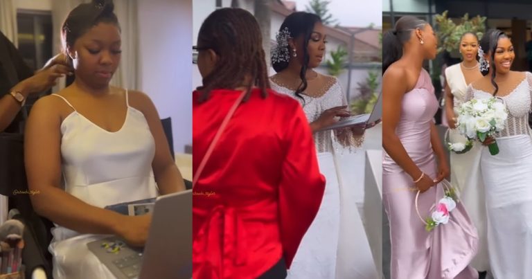 "This one no be urgent 2k babe oo"- Video of a workaholic bride working on her wedding day sparks reaction online (WATCH)