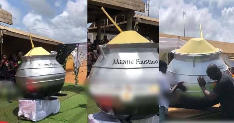 Tongues Wag As Ghanaian Food Seller Laid To Rest In Pot-Shaped Coffin (VIDEO)