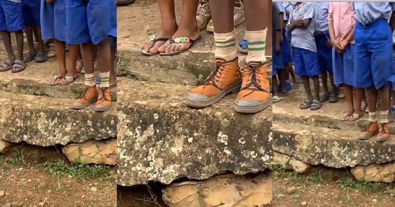 "Abeg leave am na inheritance" – Reaction as young boy, rocks NYSC boots to school (VIDEO)