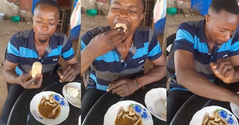 "He fit swallow all our problǝms for this country" – Netizens React As Man Dǝvours Gigantic Fufu Chunks with Ease (WATCH)