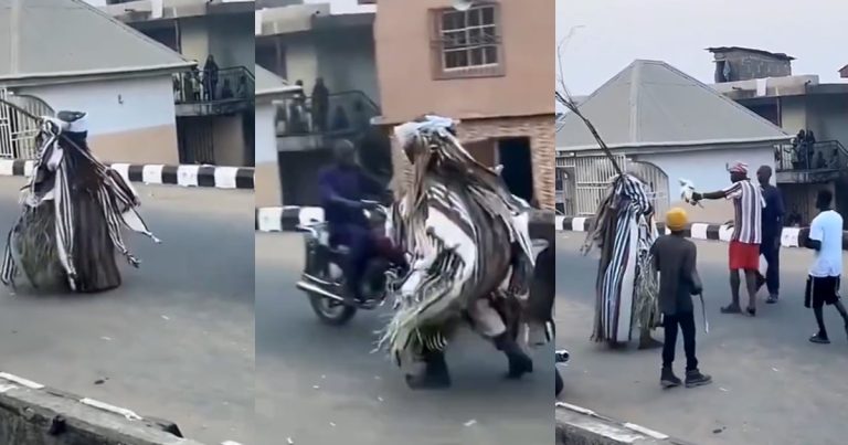 "He no believe in tradition" – Moment an "okada" man challenges a masquerade for flogging him (WATCH)