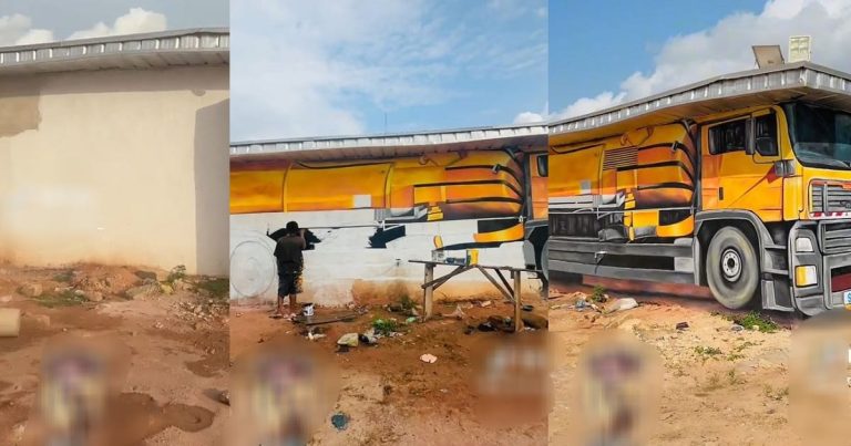 "I go fit drive am" – Netizens React As Artist Transforms Building Into Amazing Truck Painting (VIDEO)