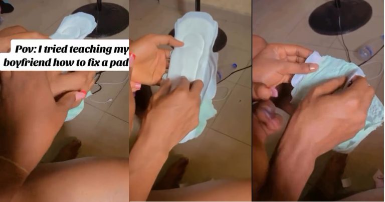 Lady melts netizens' hearts as she teaches her boyfriend how to fix a pad (VIDEO)