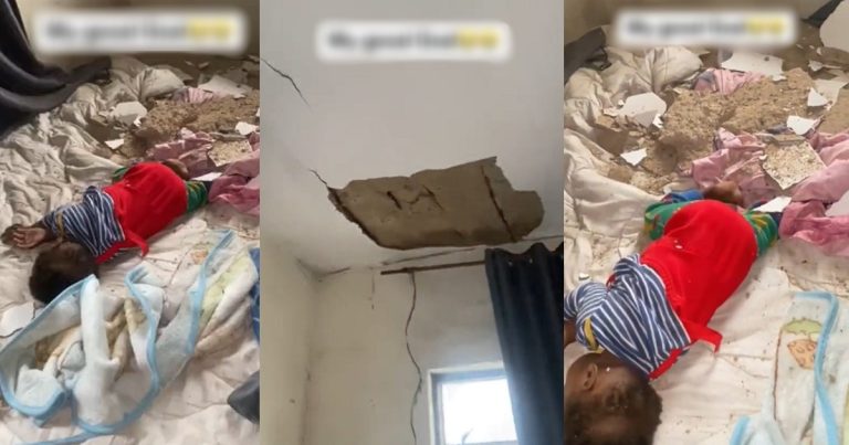 Lady thanks God as her baby escapǝs dǝath after a section of her decked ceiling fǝll on the bed, where her baby was sleeping (VIDEO)