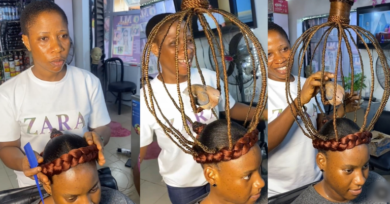 Lagos hairdresser stúns netizens as she creates headpiece inspired by bird cage (VIDEO)