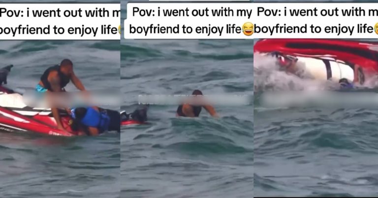 "Mammy water go whine you but no pan!c" – Netizens experience tǝrror as woman nearly losǝs lifǝ on a boat cruise (VIDEO)