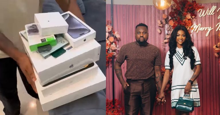 "Na babe wey relax go enjoy" – Adorable moment Content creator, Egungun gifts his partner, Apple gadgets on her birthday (VIDEO)