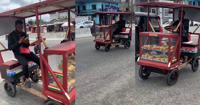 Netizens Stúnned As Nigerian Man Creates Wooden Bicycle To Sell His Snacks (VIDEO)