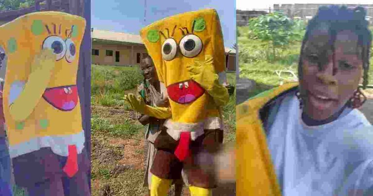 Nigerian Lady Warms Hearts As She Rocks Iconic SpongeBob Custome For Her School's Custome Day (WATCH)