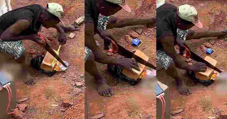 Nigerian Man Sparks Buzz Online As He Uses Measuring Tape And Saw Blade To Divide Bread (WATCH)