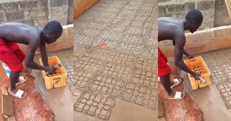 "Omo e con be like Inter lock" – Bricklayer wows many as he creates interlock design with mineral crate (WATCH)