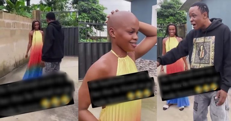 Outr@ge as lady surprises her boyfriend with bald head after receiving 15k for braids (VIDEO)