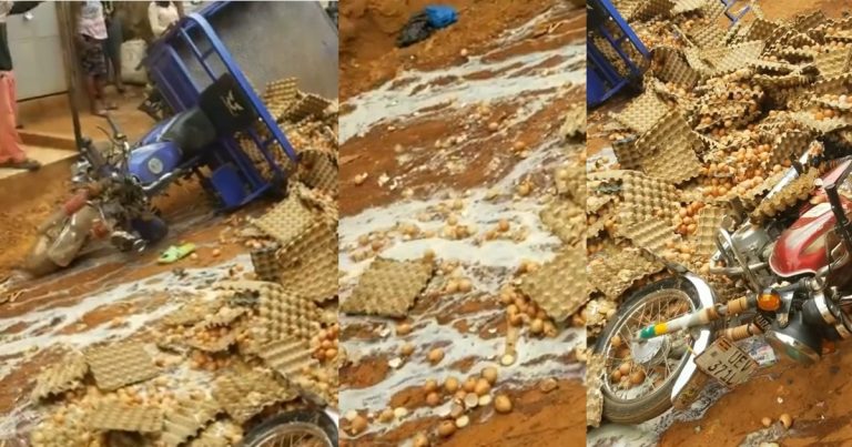 Outr@ge as "okada" man ran into a tricycle conveying crates of egg (VIDEO)