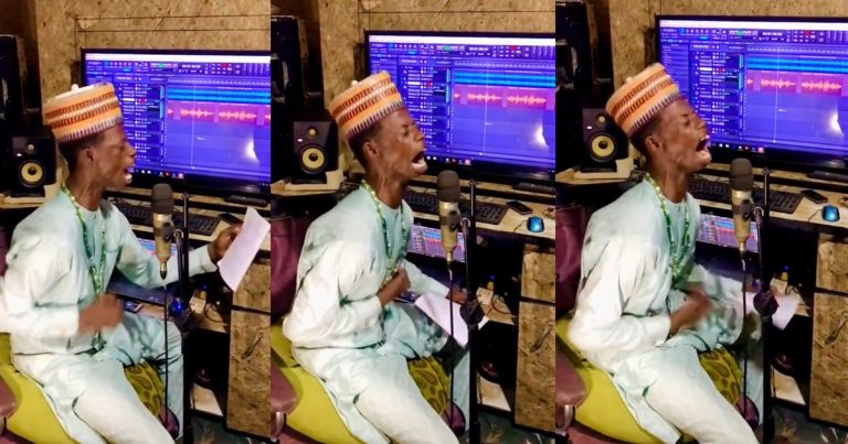 "To blow no easy" – Netizens react as Hausa upcoming artiste sings out his soul in the studio (Video)