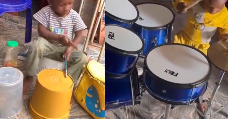 "Una don born Don jazzy for your house" – Netizens React As Parents Buy Drum Set To Appreciate Their Young Son With Impressive Drumming Skills (VIDEO)