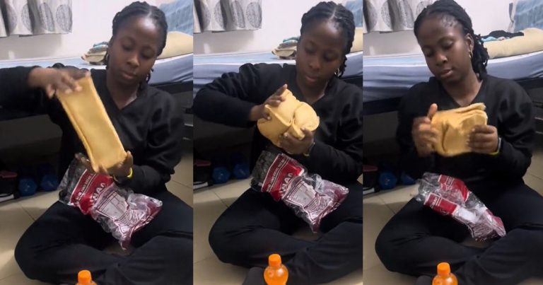 "compressing the calories" – Lady Wows Many As She Squeezes Jumbo Loaf of Bread In Her Palm (WATCH)