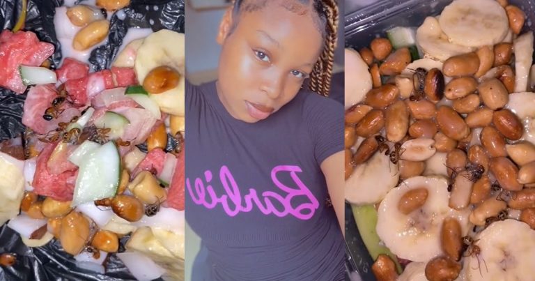 "na toppings e dey sweet eat am" – Nigerian lady cr!es out after discovering ants inside the fruit salad she ordered (VIDEO)