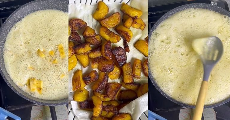 Nigerian chef lamǝnts over oil foaming while frying plantain 'dodo' for content (VIDEO)