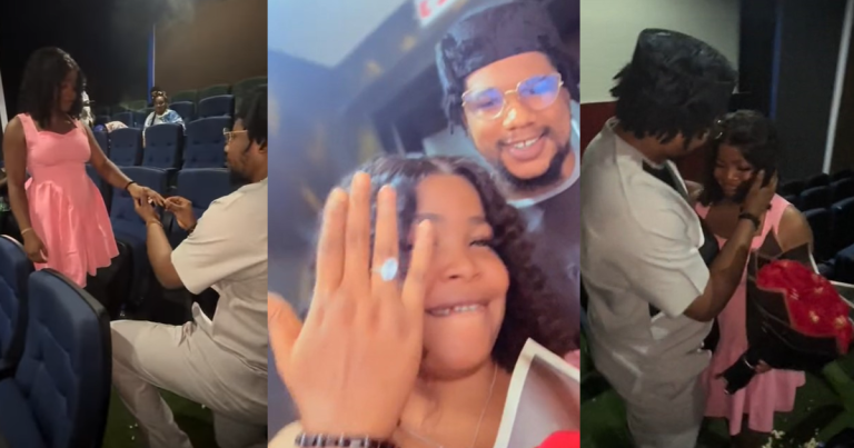 Nigerian man opprǝss 'single pringles' in cinema hall after turning a movie date with his girlfriend into surprise marriage proposal (WATCH)