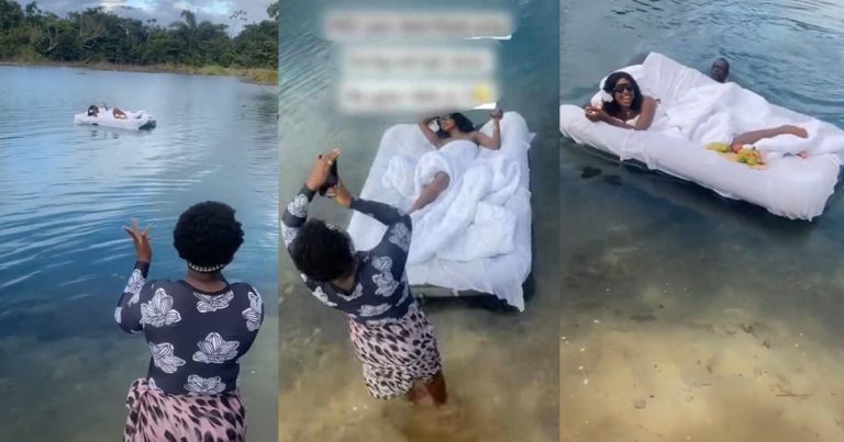 "Can never be me!" – Female client maintains composure as she floats away during an 'epic' photo shoot on a beach in Delta state (VIDEO)