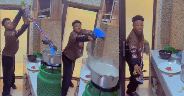 "Chai see person future husband!" – Nigerian man goes extra mile as he fries fish with mopping stick (WATCH)