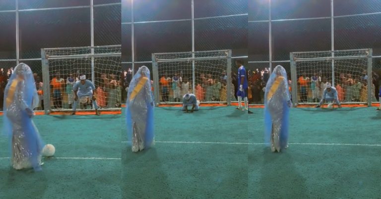 "He let her have the moment" – Bride shows off football skills as her husband goal keeps on their wedding day (VIDEO)