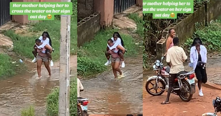 Hearts melt as mother helps daughter cross the water on her sign-out day (VIDEO)