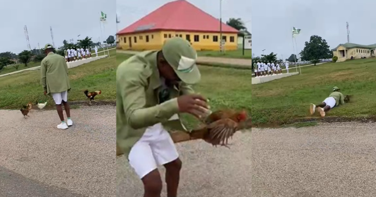 "Make he come dey keep for super eagles" – Male corps member unveils his goalkeeping style of catching a chicken(VIDEO)