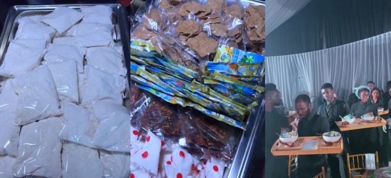 Nigerian Couple Stirs Reactions With Unique Menu As They Serve Garri, Milk, Kuli Kuli And Sugar At Their Wedding (VIDEO)