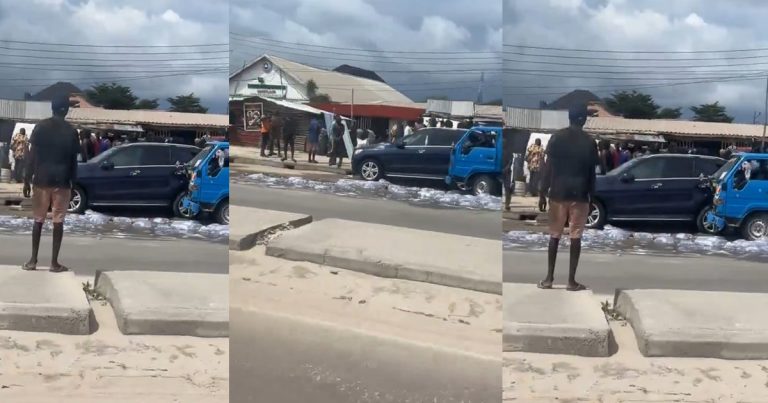 "How much water you wan sell" – Pure water company suffɘrs loss after truck driver hits expensive car (VIDEO)