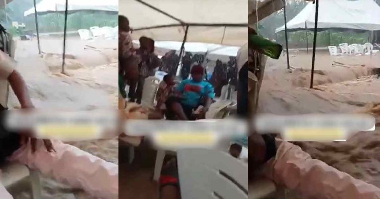 "If you chop finish, be ready to swim" – Party guests r!sk it all for jollof rice while celebrating in the middle of a fl00d (WATCH)