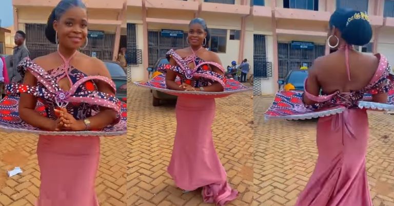 "serving tray abi na dining table" – Ghanian lady shows off stunning 'table' dress (WATCH)