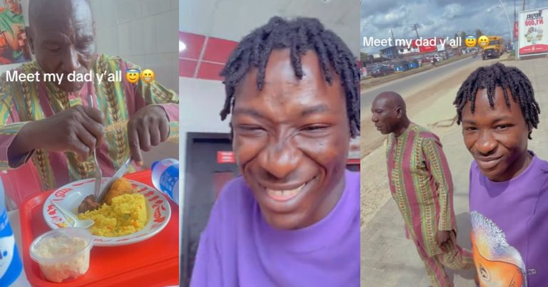 "Enjoyment kon be like strɘss for your papa" – Nigerian dad strugglɘs with cutlery at a fancy restaurant following son's treat (WATCH)