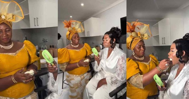 "Fruit of the womb" – Bride consumes 4 eggs for fertility blessing on wedding day (VIDEO)