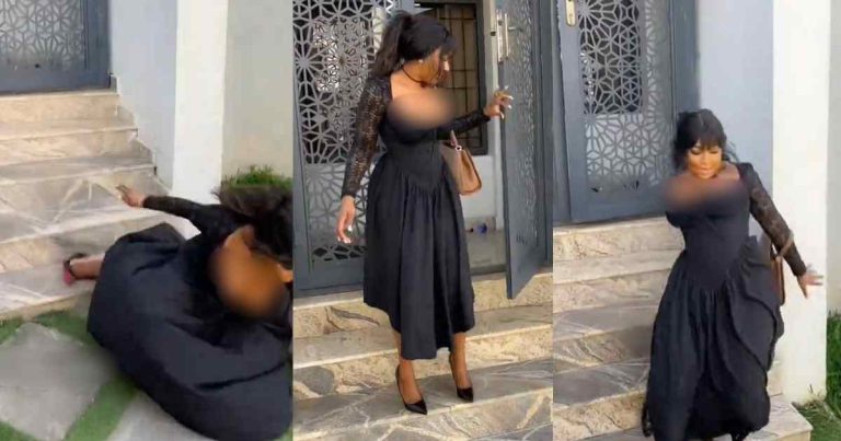 "I won’t stand up o" – Emb@rrassing moment a Nigerian lady tr!ps over heels on stairs in a video shoot (WATCH)