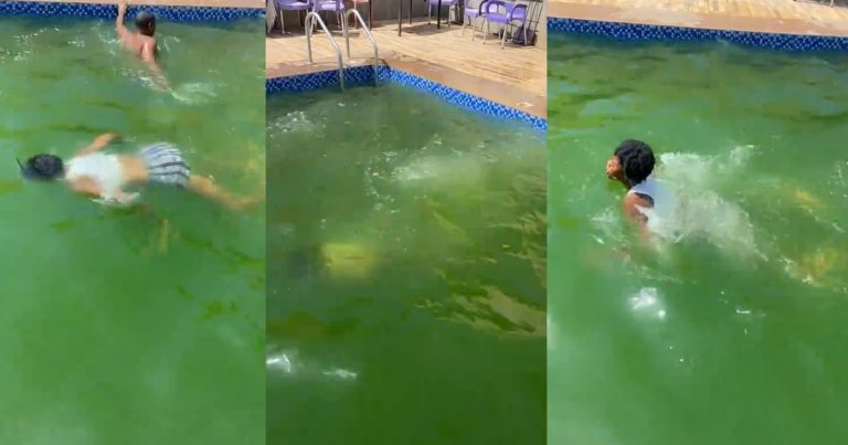 "Is this a pond or a pool?" – Tongue w@gs as lady swims with ease in the algae-filled pool at a lounge (WATCH)