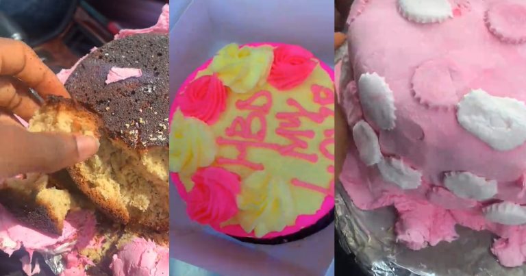 Lady becomes a vict!m of 'what I ordered vs what I got' after vendor delivers ₦20,000 stone-like cake (VIDEO)