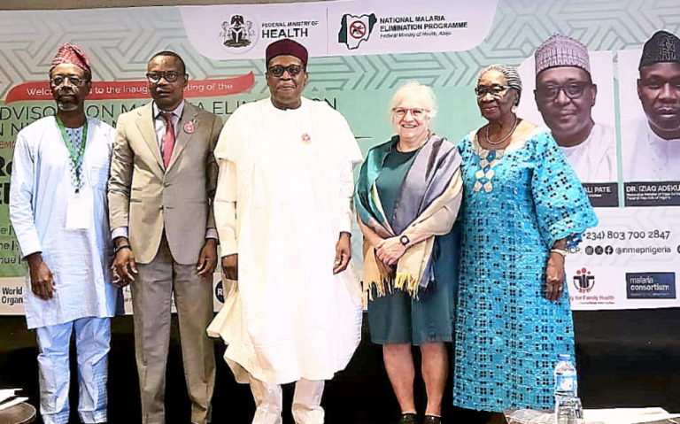 Members of the Advisory on Malaria Elimination in Nigeria with the Coordinating Minister for Health & Social Welfare, Prof. Muhammad Pate; and the Minister of State for Health & Social Welfare, Dr Iziaq Salako.