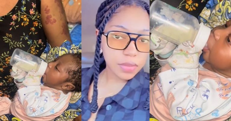 "This baby no come play oo" – Nigerian mum astonished as her 3-week-old infant grasps and holds feeding bottle without support (VIDEO)