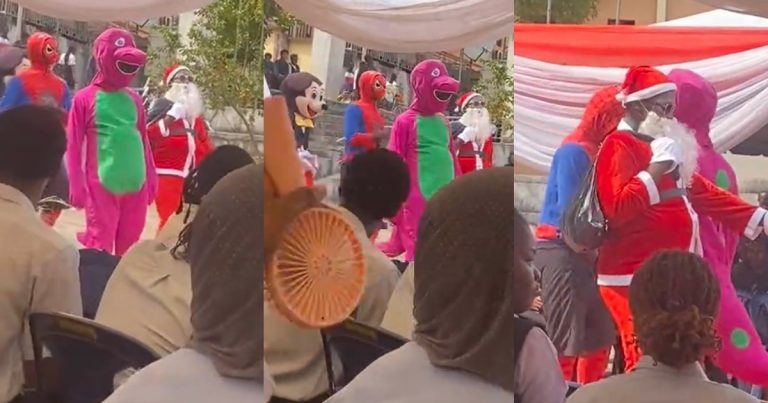 "Barney sef don l0se weight" – Online users react to unusual Barney costume at school party in Enugu (WATCH)