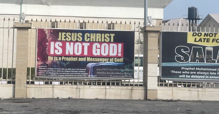 Mixed reactions trail 'Jesus is not God' banner displayed at Lekki central mosque