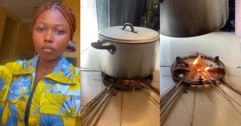 "when the food go done" – Nigerian lady cooks with broomsticks after running out of gas (WATCH)