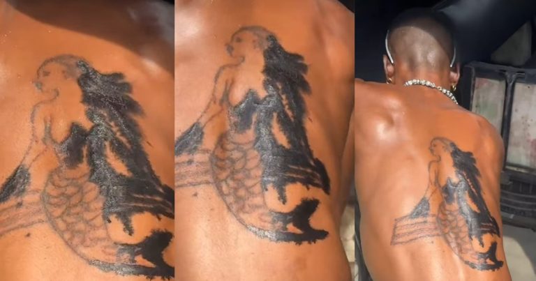 "Abi na engine oil dem use draw am" – Man shows off his 'mermaid' tatt00 (VIDEO)