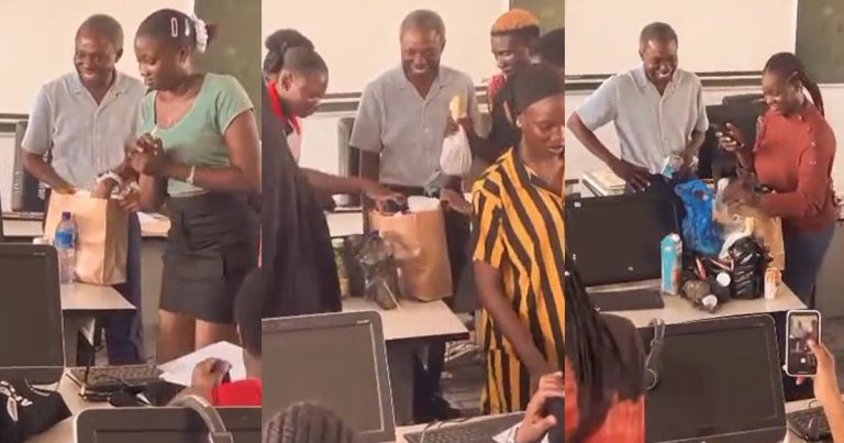 Heartwarming moment OAU students surprise their lecturer with multiple gifts in class (WATCH)