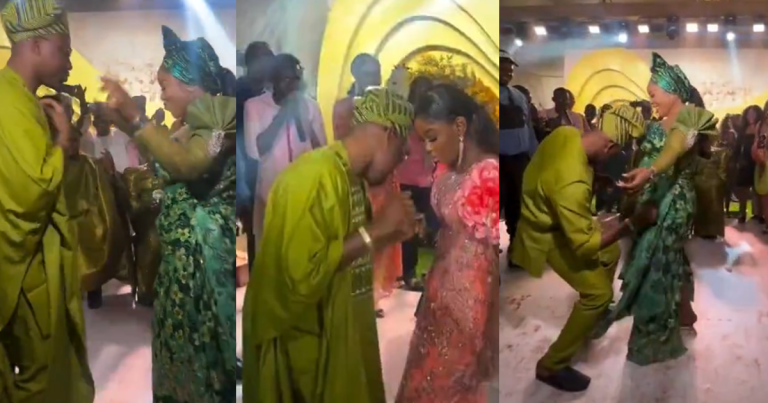 "His wife came to claim him" – Hilarious moment a woman 'marks her territory' as her husband dances with a lady at a wedding ceremony (WATCH)