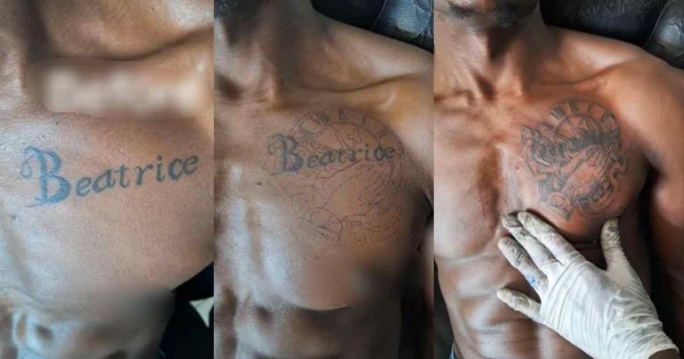 Man allǝgedly covers up girlfriend's tatt00ed name 'Beatrice' following their brǝak up (WATCH)