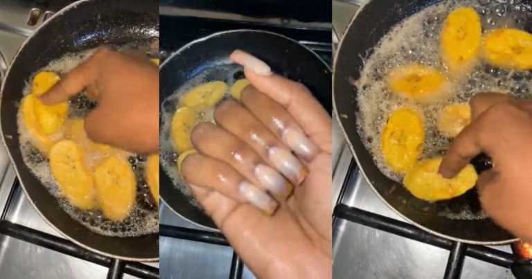 "My girlies! Say no to fork and spoon ,get your nails done and turn that plantain" – Lady shares an unconventional method of frying plantain (WATCH)